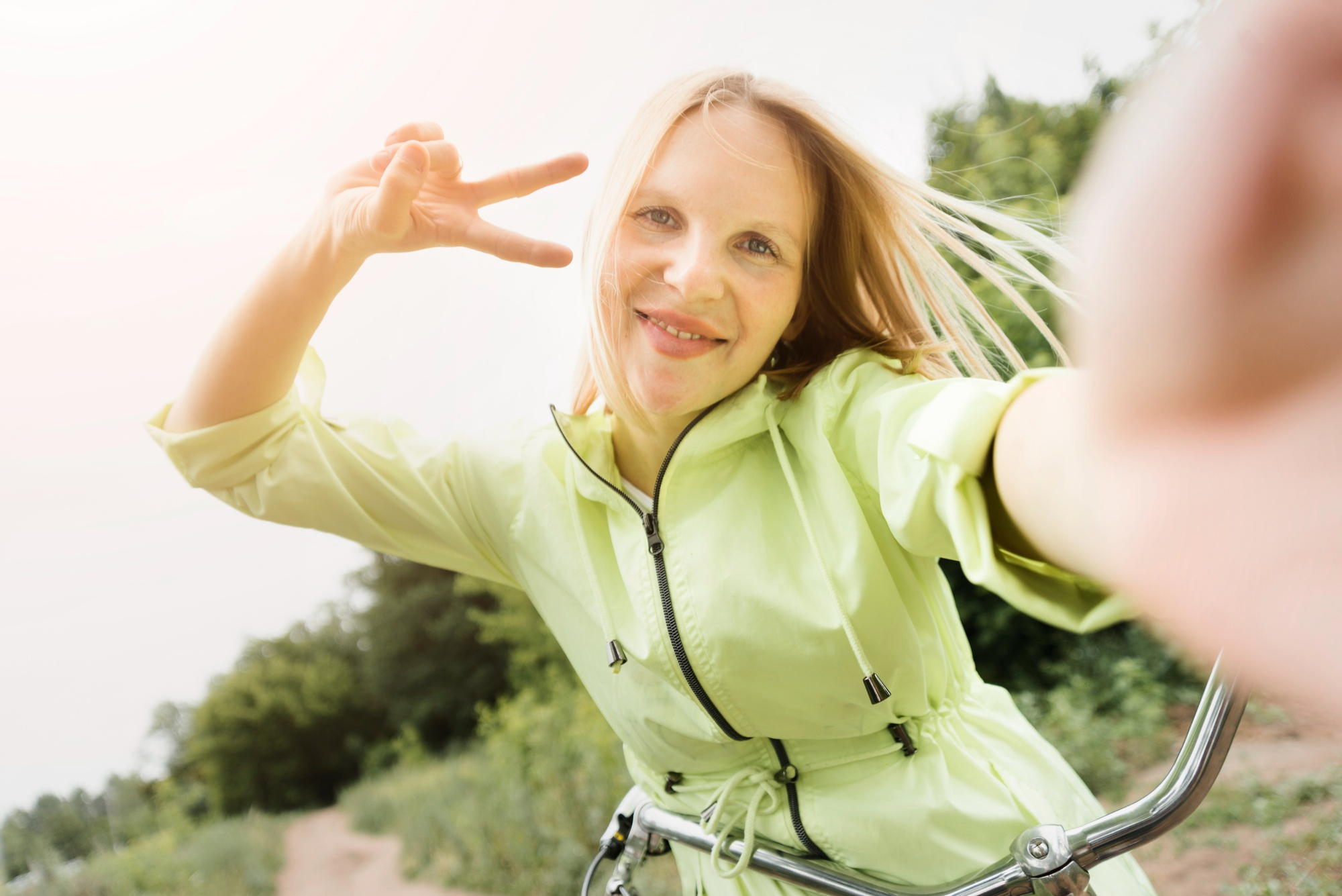 An active person walking outdoors in bright natural light